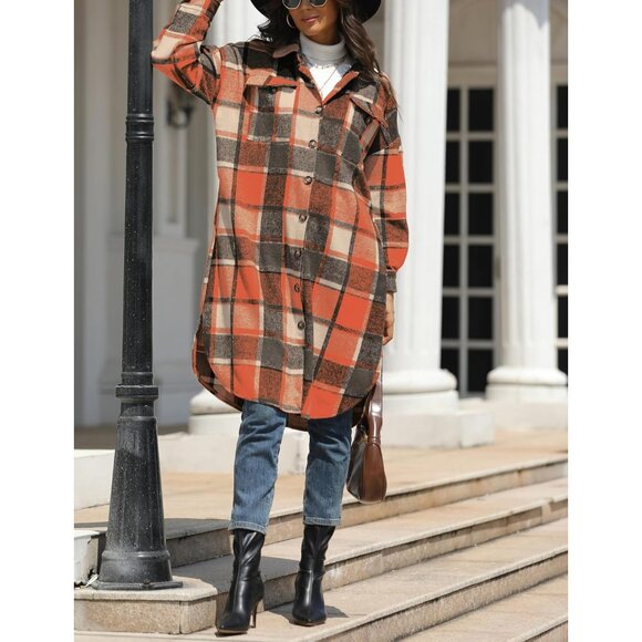 Women's Wool Blend Plaid Shacket Long Jacket Pockets Fall Winter - Picture 6 of 6